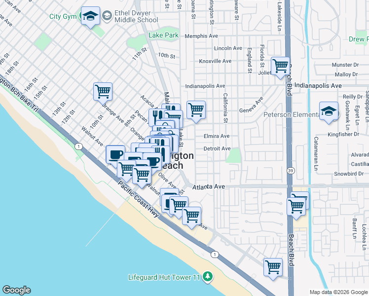 map of restaurants, bars, coffee shops, grocery stores, and more near 410 Lake Street in Huntington Beach