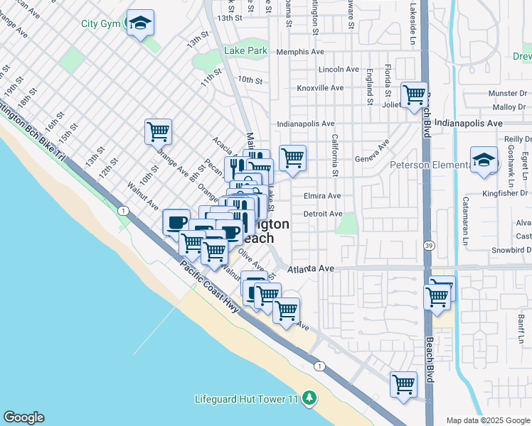 map of restaurants, bars, coffee shops, grocery stores, and more near 410 Lake Street in Huntington Beach