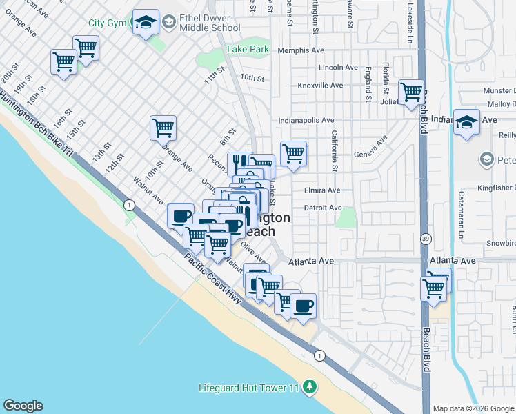 map of restaurants, bars, coffee shops, grocery stores, and more near in Huntington Beach
