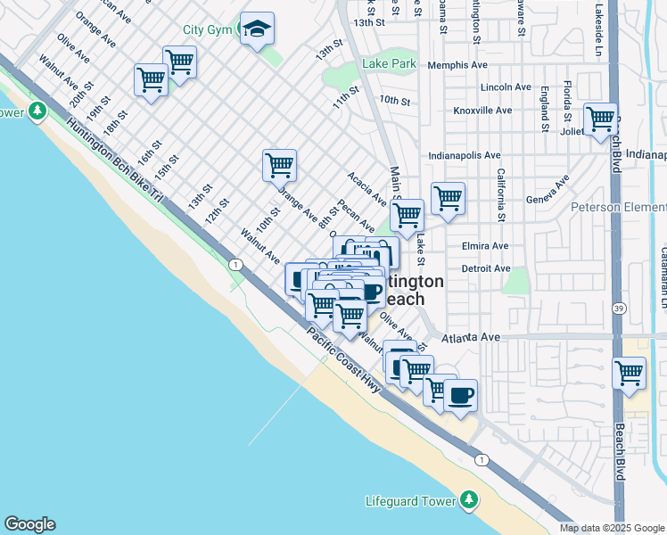 map of restaurants, bars, coffee shops, grocery stores, and more near 225 6th Street in Huntington Beach