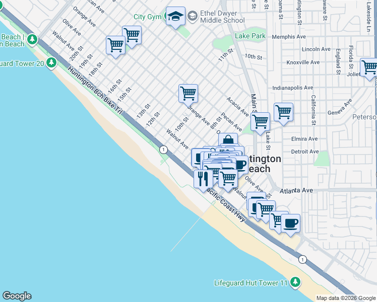 map of restaurants, bars, coffee shops, grocery stores, and more near in Huntington Beach