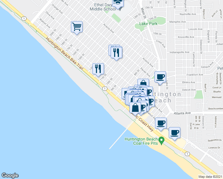 map of restaurants, bars, coffee shops, grocery stores, and more near 2 6th Street in Huntington Beach