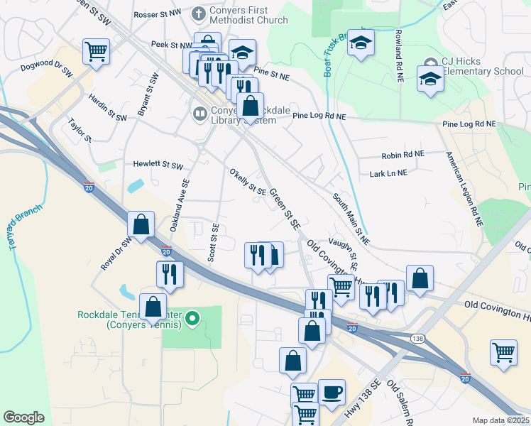 map of restaurants, bars, coffee shops, grocery stores, and more near 1035 Green Street Southeast in Conyers