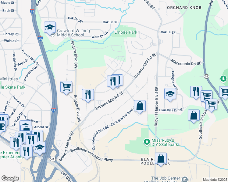 map of restaurants, bars, coffee shops, grocery stores, and more near 3136 Washburn Street Southeast in Atlanta