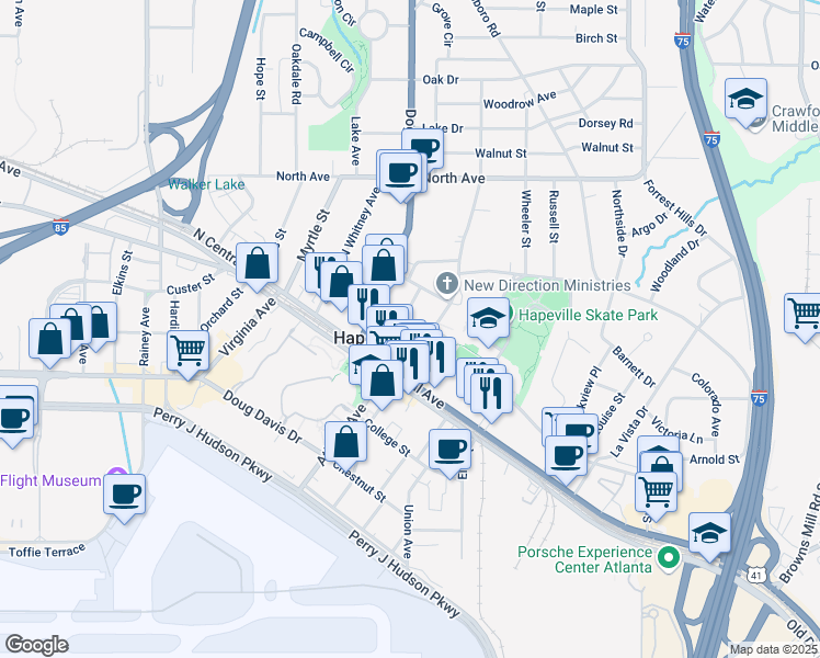 map of restaurants, bars, coffee shops, grocery stores, and more near 611 King Arnold Street in Atlanta