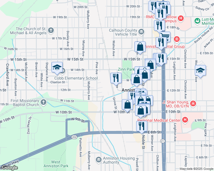 map of restaurants, bars, coffee shops, grocery stores, and more near 215 West 11th Street in Anniston
