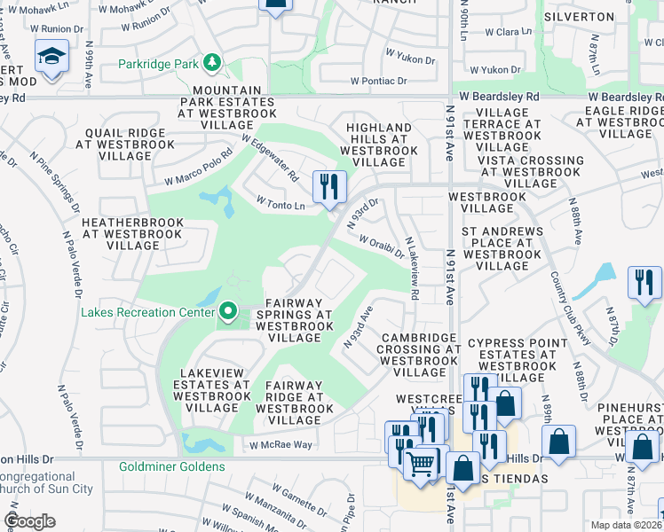map of restaurants, bars, coffee shops, grocery stores, and more near 19224 North 93rd Drive in Peoria