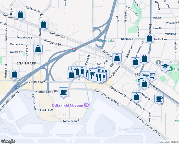 map of restaurants, bars, coffee shops, grocery stores, and more near 3481 Orchard Street in Hapeville