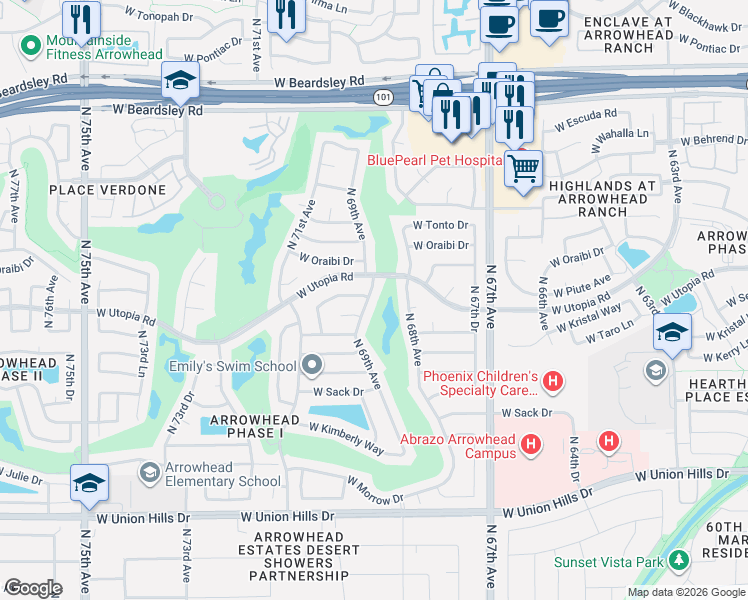 map of restaurants, bars, coffee shops, grocery stores, and more near 19237 North 69th Avenue in Glendale