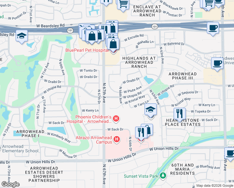map of restaurants, bars, coffee shops, grocery stores, and more near 19510 North 66th Lane in Glendale