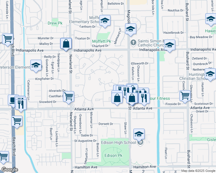 map of restaurants, bars, coffee shops, grocery stores, and more near 8866 Tulare Drive in Huntington Beach
