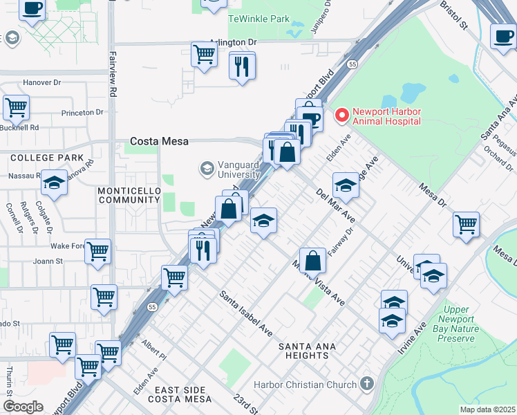 map of restaurants, bars, coffee shops, grocery stores, and more near 113 Aspen Lane in Costa Mesa