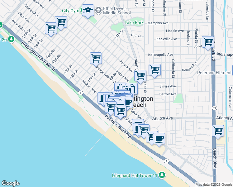 map of restaurants, bars, coffee shops, grocery stores, and more near 307 6th Street in Huntington Beach
