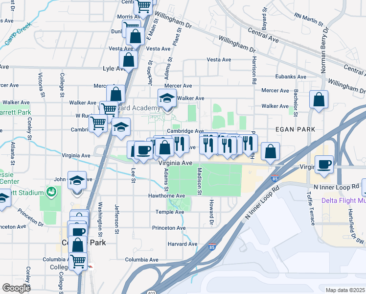 map of restaurants, bars, coffee shops, grocery stores, and more near Hardin Avenue in College Park