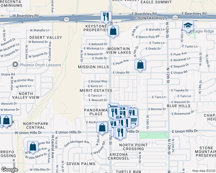 map of restaurants, bars, coffee shops, grocery stores, and more near 530 East Topeka Drive in Phoenix