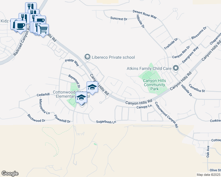 map of restaurants, bars, coffee shops, grocery stores, and more near 33506 Cedar Creek Lane in Lake Elsinore