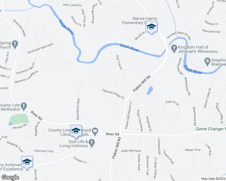 map of restaurants, bars, coffee shops, grocery stores, and more near 3699 Chimney Ridge Court in Ellenwood