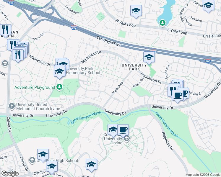 map of restaurants, bars, coffee shops, grocery stores, and more near 16 Oak Tree Lane in Irvine