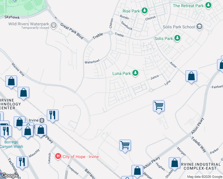 map of restaurants, bars, coffee shops, grocery stores, and more near 201 Shoveler in Irvine