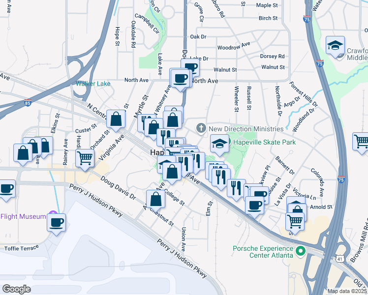 map of restaurants, bars, coffee shops, grocery stores, and more near 611 King Arnold Street in Atlanta