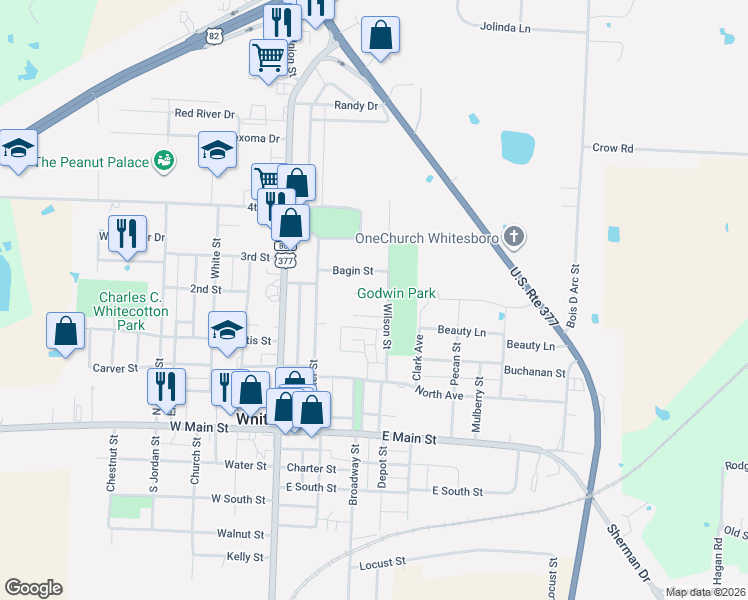 map of restaurants, bars, coffee shops, grocery stores, and more near in Whitesboro
