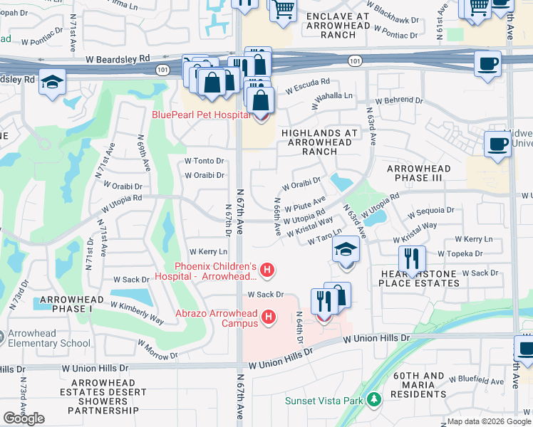 map of restaurants, bars, coffee shops, grocery stores, and more near 19510 North 66th Lane in Glendale