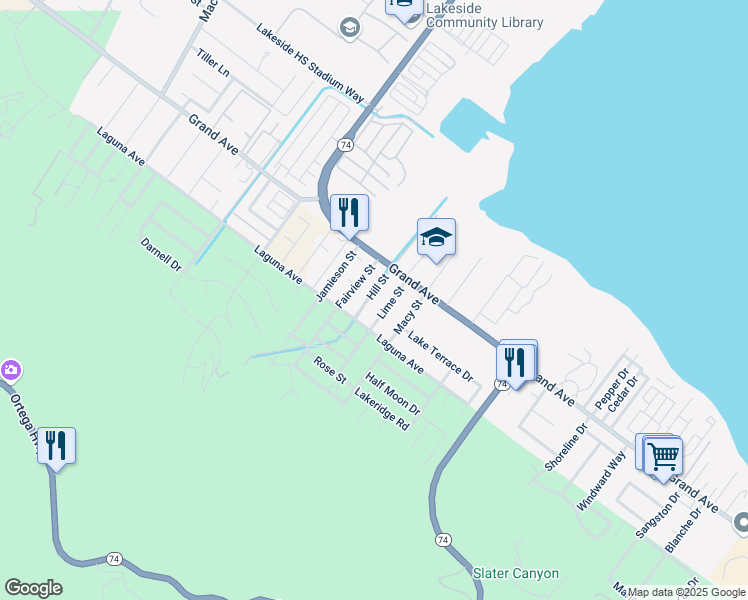 map of restaurants, bars, coffee shops, grocery stores, and more near 33102 Hill Street in Lake Elsinore