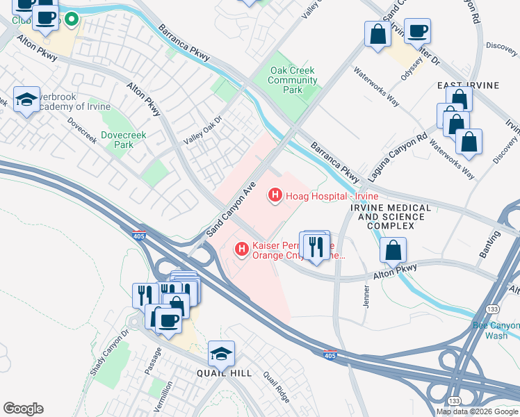 map of restaurants, bars, coffee shops, grocery stores, and more near 6650 Alton Pkwy in Irvine