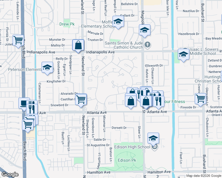 map of restaurants, bars, coffee shops, grocery stores, and more near 20900 Greenfield Ln in Huntington Beach