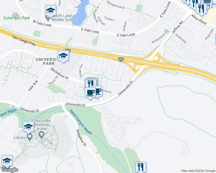map of restaurants, bars, coffee shops, grocery stores, and more near 12 Gumwood in Irvine