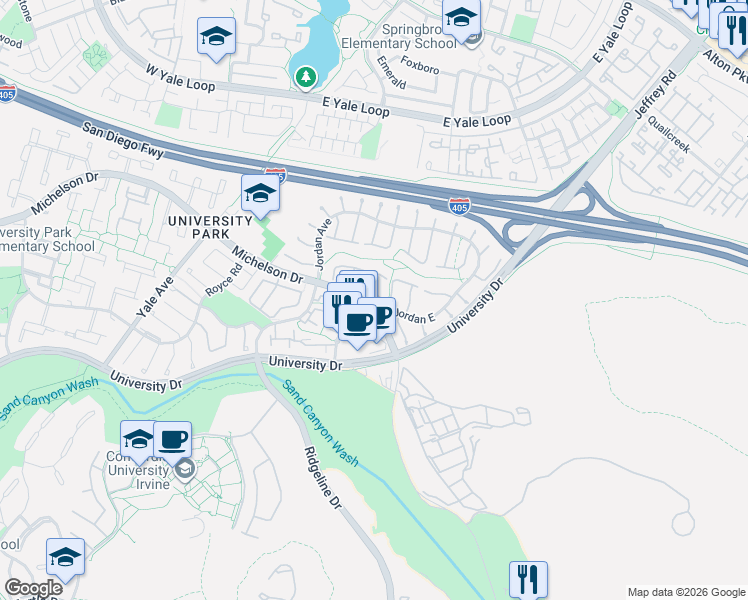 map of restaurants, bars, coffee shops, grocery stores, and more near 5331 University Drive in Irvine