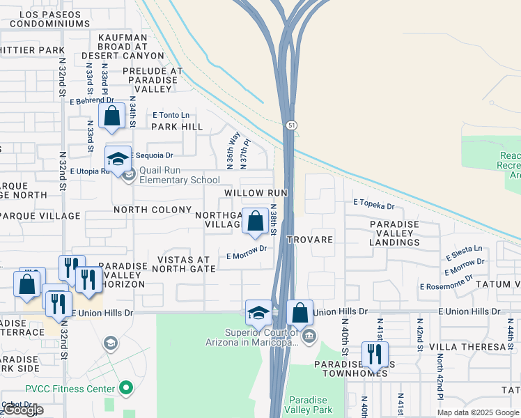 map of restaurants, bars, coffee shops, grocery stores, and more near 19056 North 37th Place in Phoenix