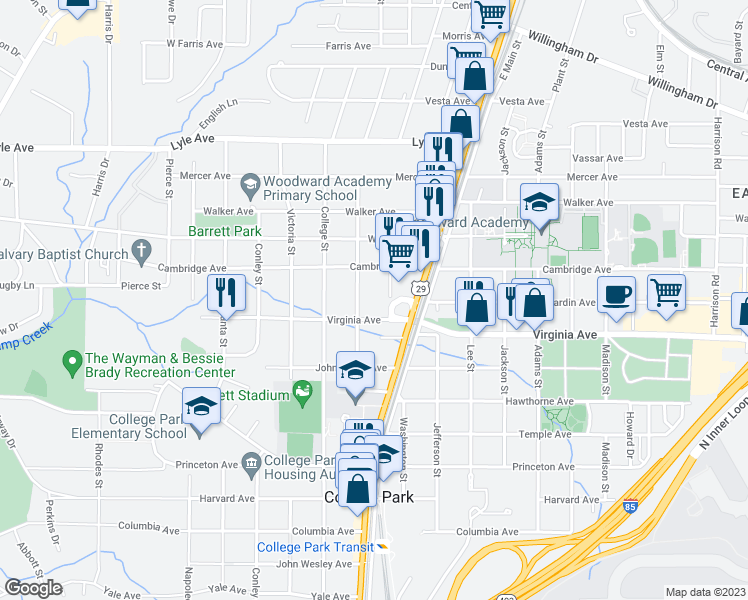 map of restaurants, bars, coffee shops, grocery stores, and more near 1837 Virginia Avenue in Atlanta