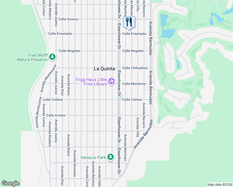 map of restaurants, bars, coffee shops, grocery stores, and more near 77740 Calle Colima in La Quinta