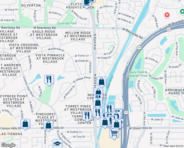 map of restaurants, bars, coffee shops, grocery stores, and more near 19259 North 83rd Avenue in Peoria
