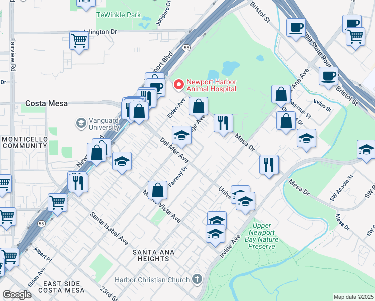 map of restaurants, bars, coffee shops, grocery stores, and more near 219 Lillian Place in Costa Mesa