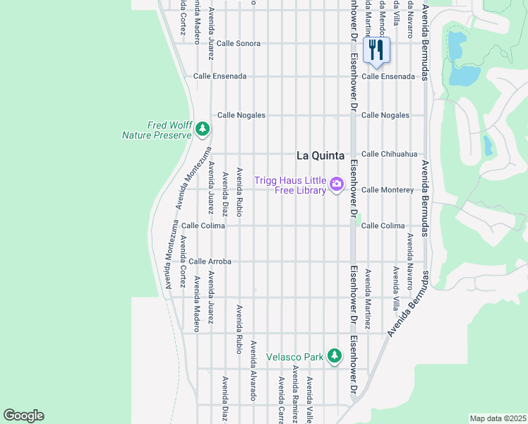 map of restaurants, bars, coffee shops, grocery stores, and more near 53415 Avenue Obregon in La Quinta