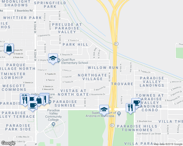 map of restaurants, bars, coffee shops, grocery stores, and more near 19043 North 36th Place in Phoenix