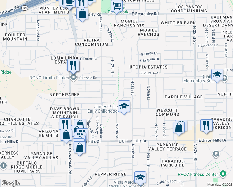 map of restaurants, bars, coffee shops, grocery stores, and more near 2701 East Utopia Road in Phoenix