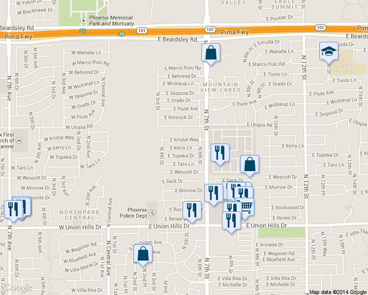 map of restaurants, bars, coffee shops, grocery stores, and more near 513 East Kerry Lane in Phoenix