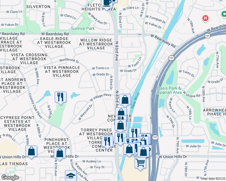 map of restaurants, bars, coffee shops, grocery stores, and more near 19259 North 83rd Avenue in Peoria