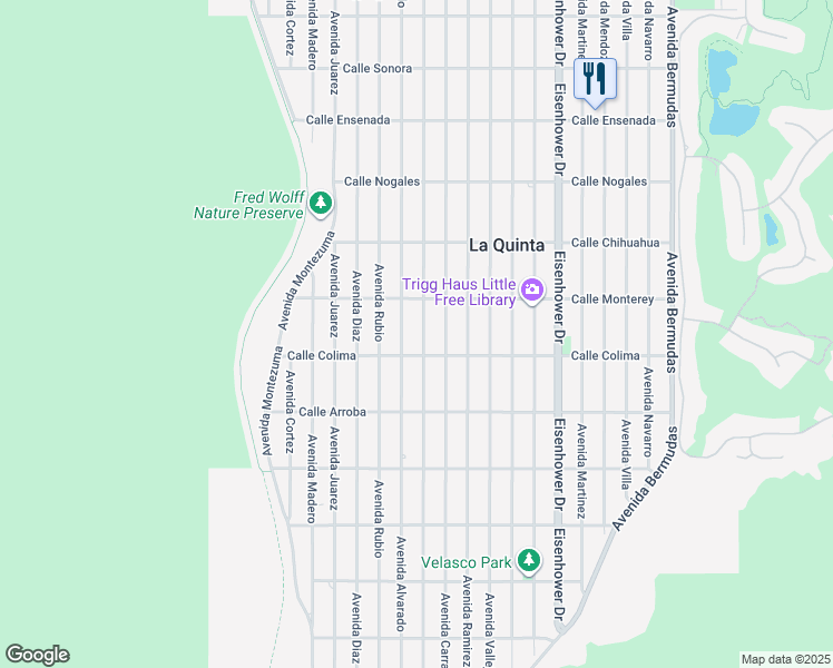map of restaurants, bars, coffee shops, grocery stores, and more near 53415 Avenue Obregon in La Quinta