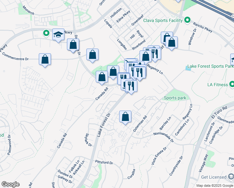 map of restaurants, bars, coffee shops, grocery stores, and more near 26390 Forest Ridge Drive in Lake Forest
