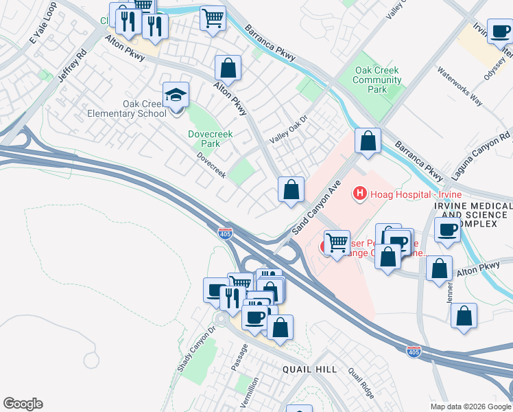 map of restaurants, bars, coffee shops, grocery stores, and more near 98 Millbrook in Irvine