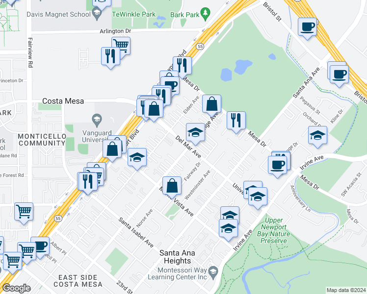 map of restaurants, bars, coffee shops, grocery stores, and more near 2590 Orange Avenue in Costa Mesa
