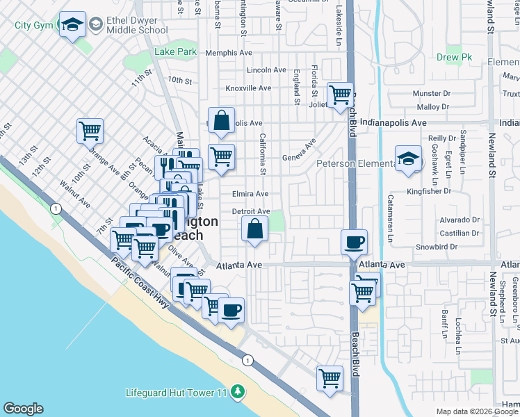 map of restaurants, bars, coffee shops, grocery stores, and more near 401 California Street in Huntington Beach
