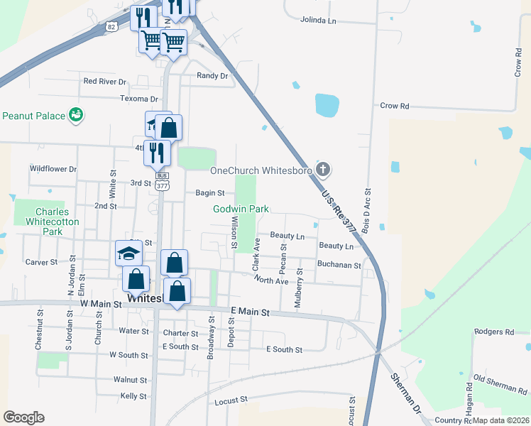 map of restaurants, bars, coffee shops, grocery stores, and more near 209 Beauty Lane in Whitesboro