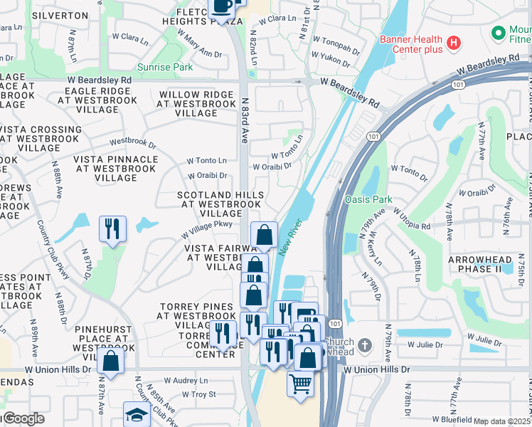 map of restaurants, bars, coffee shops, grocery stores, and more near New River Trail West in Peoria