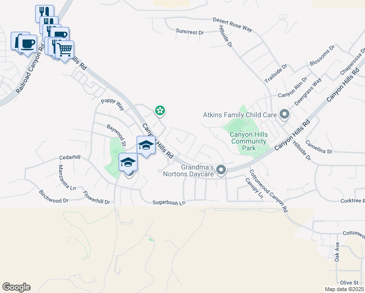 map of restaurants, bars, coffee shops, grocery stores, and more near 32462 Silver Creek in Lake Elsinore