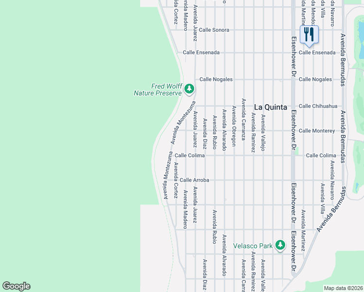 map of restaurants, bars, coffee shops, grocery stores, and more near 53405 Avenue Madero in La Quinta